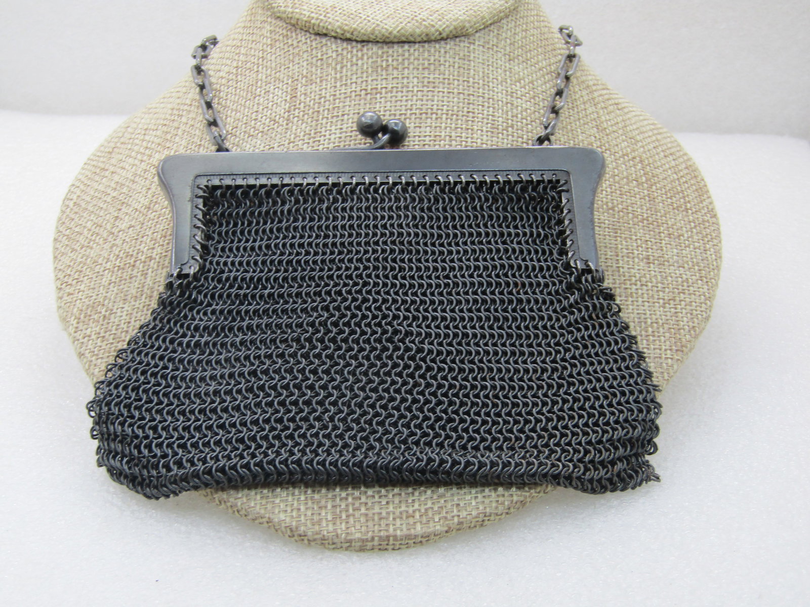 Vintage French Gunmetal Mesh Purse, 4.5" by 4.25" with Metal Chain Strap: Title:Vintage French Gunmetal Mesh Purse, 4.5" by 4.25" with Metal Chain StrapDescription:Vintage French Gunmetal Mesh Purse, 4.5" by 4.25" with Metal Chain Strap, clamshell hinged opening with