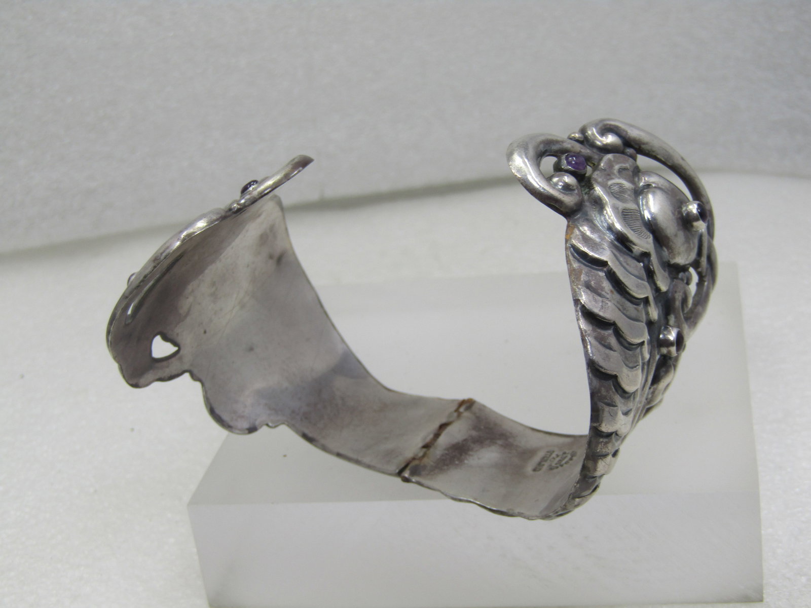 Vintage Sterling Double Fish Clamper Bracelet, Amethyst Accents, 7.5", Signed Valladares - 9