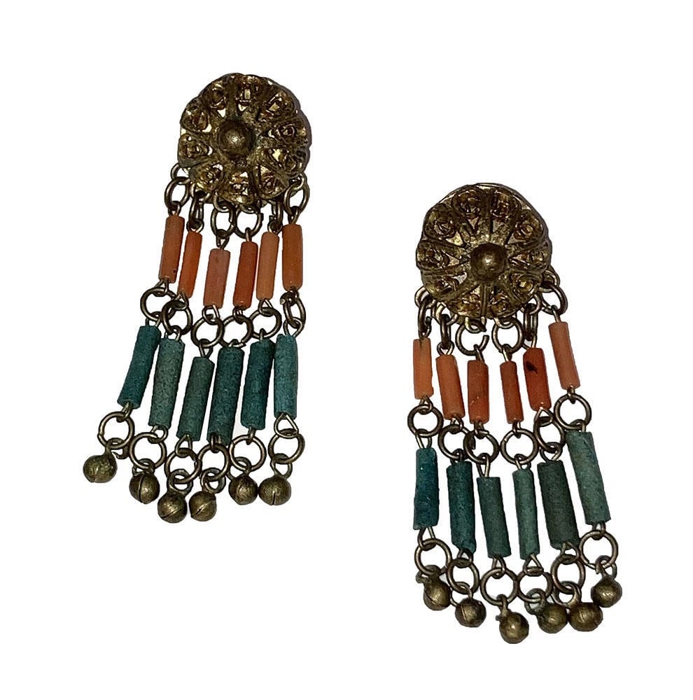 Egyptian Revival Red Coral Brass Faience Earrings: Title:Egyptian Revival Red Coral Brass Faience EarringsDescription:Egyptian Revival Red Coral Brass Faience Earrings. Circa, 1901 to 1910 . Earrings measure 2 1/2" long and 3/4" wide. Earrings are