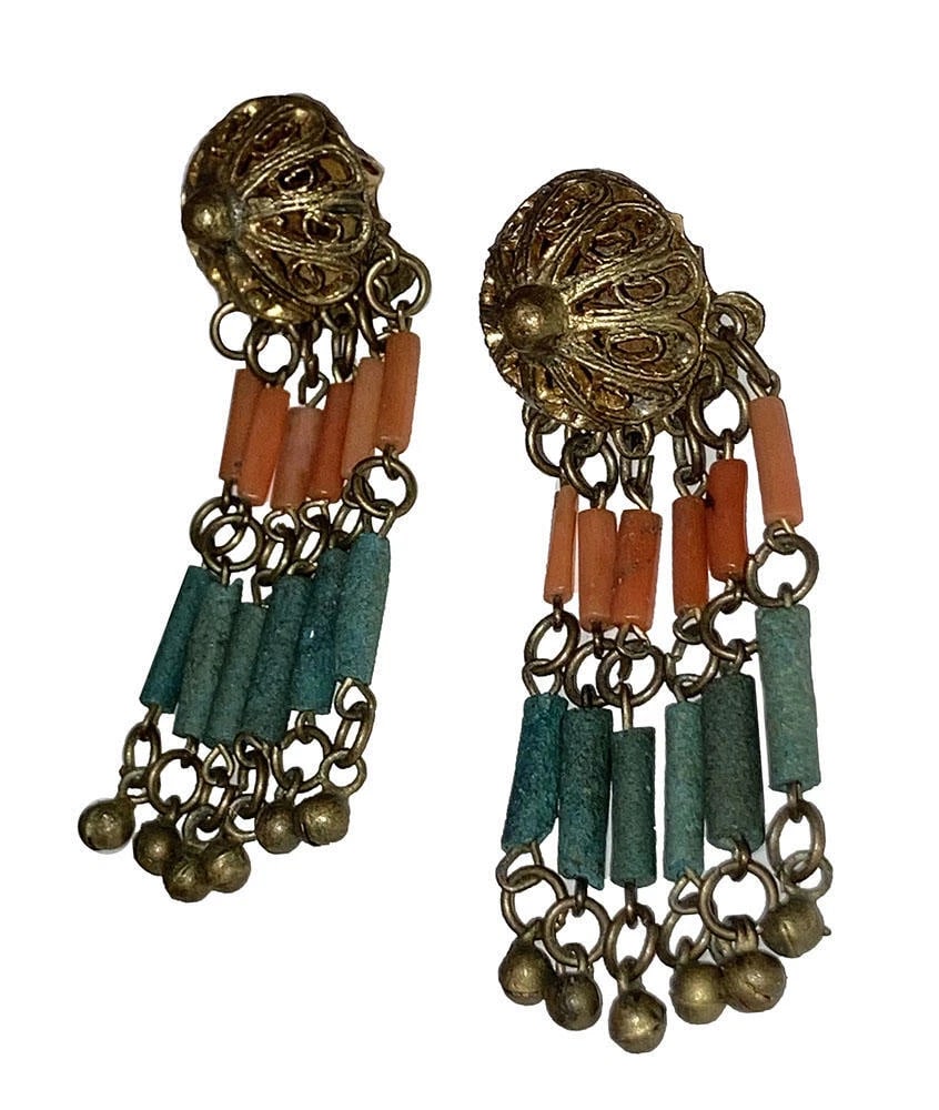 Egyptian Revival Red Coral Brass Faience Earrings - 3