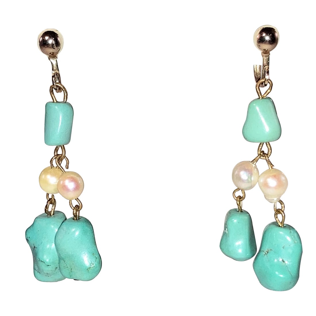 Gold Filled Chinese Turquoise and Natural Baroque Pearl Bead Dangle Earrings: Title:Gold Filled Chinese Turquoise and Natural Baroque Pearl Bead Dangle Earrings Description:Gold Filled Chinese Turquoise and Natural Baroque Pearl Bead Dangle Earrings. Circa 1940's. Earrings are