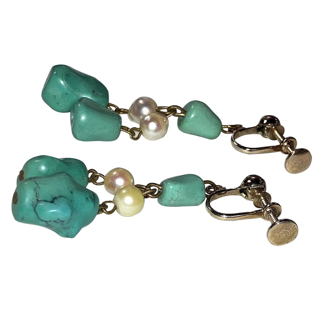Gold Filled Chinese Turquoise and Natural Baroque Pearl Bead Dangle Earrings - 3