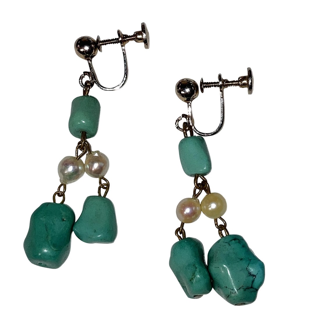 Gold Filled Chinese Turquoise and Natural Baroque Pearl Bead Dangle Earrings - 4