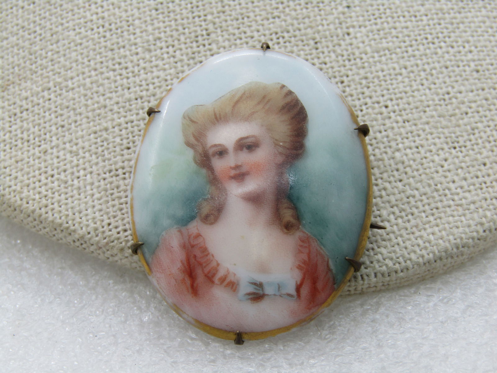 Victorian Painted Portrait Cameo Brooch, 1800's, C-Clasp - 2