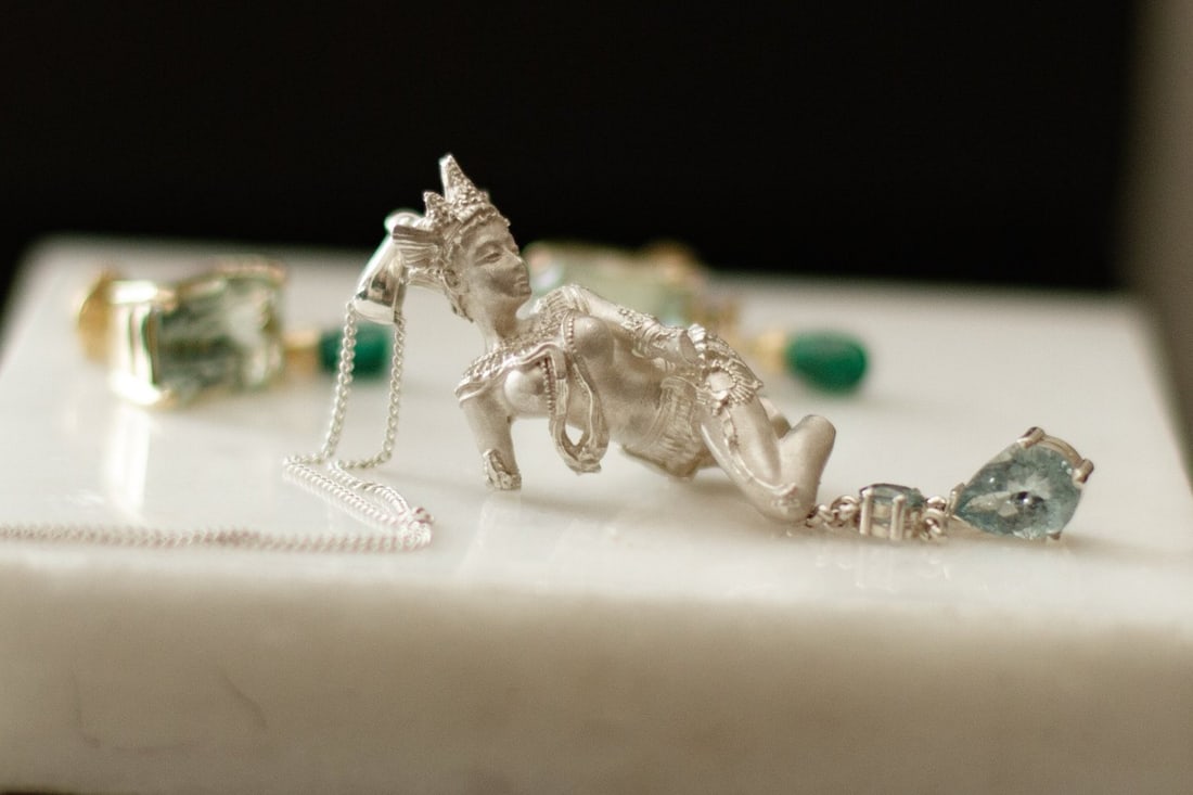 Silver Celestial Dancer Devata Pendant with Tourmaline - 2