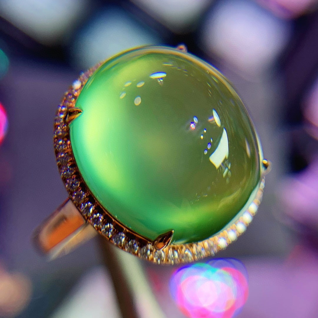 14K GOLD 12.5 CT NATURAL PREHNITE & DIAMOND RING - 3