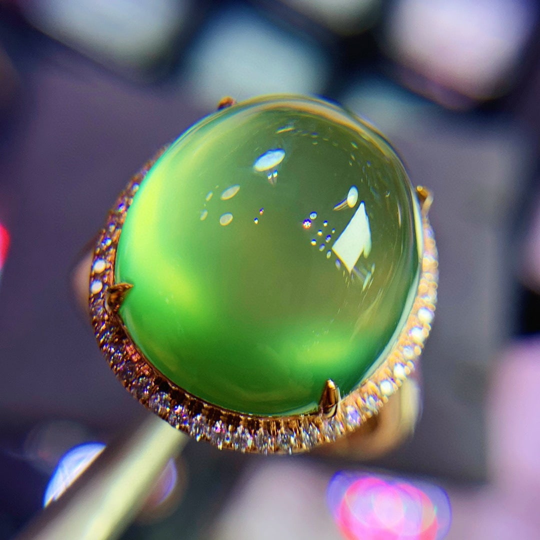 14K GOLD 12.5 CT NATURAL PREHNITE & DIAMOND RING - 4