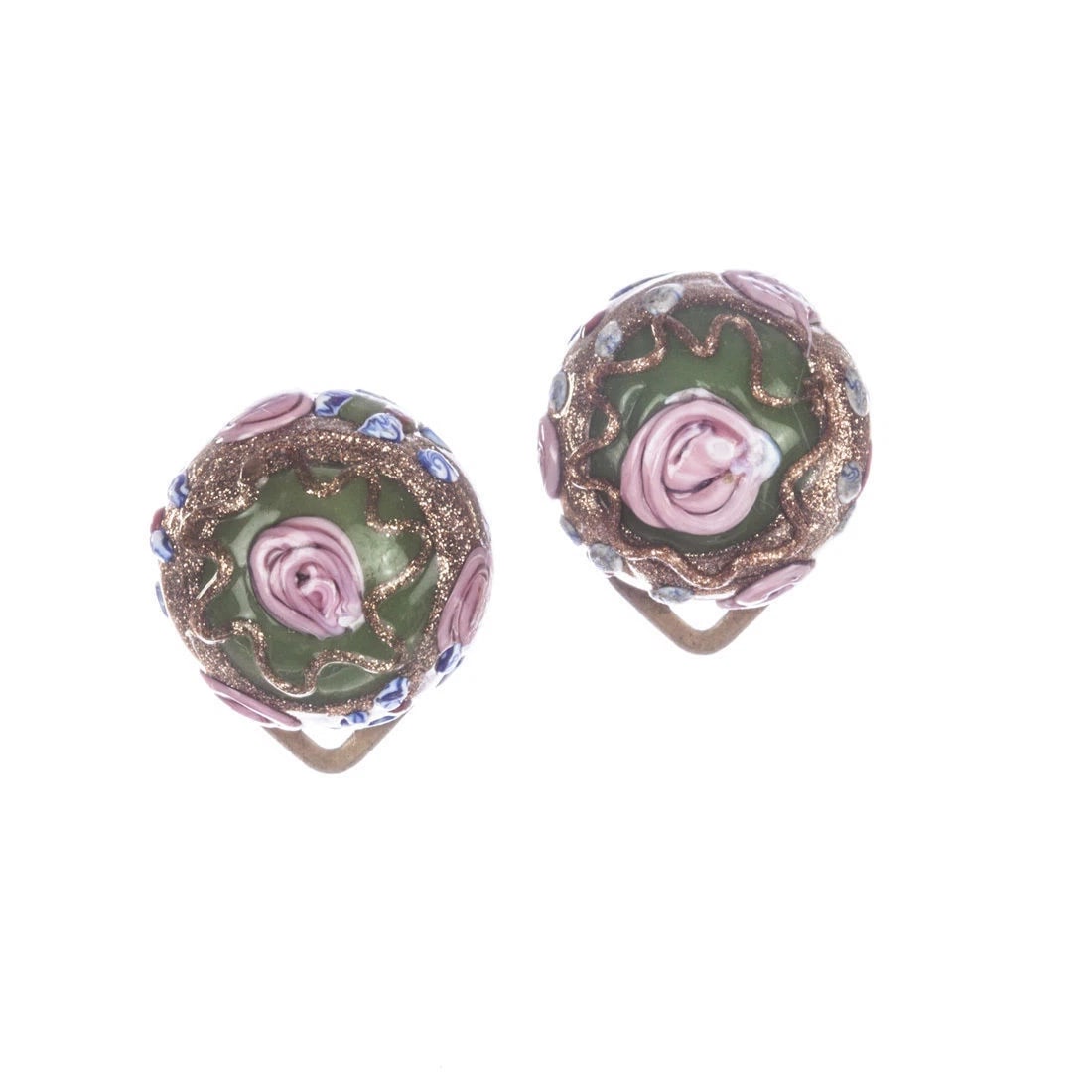Venetian Cake Glass Earrings: Title:Venetian Cake Glass EarringsDescription:Handmade earrings made with a traditional Venetian technique and brass backs... Circa, 1930’s…. Earrings have the diameter of 17 mm’s…. 