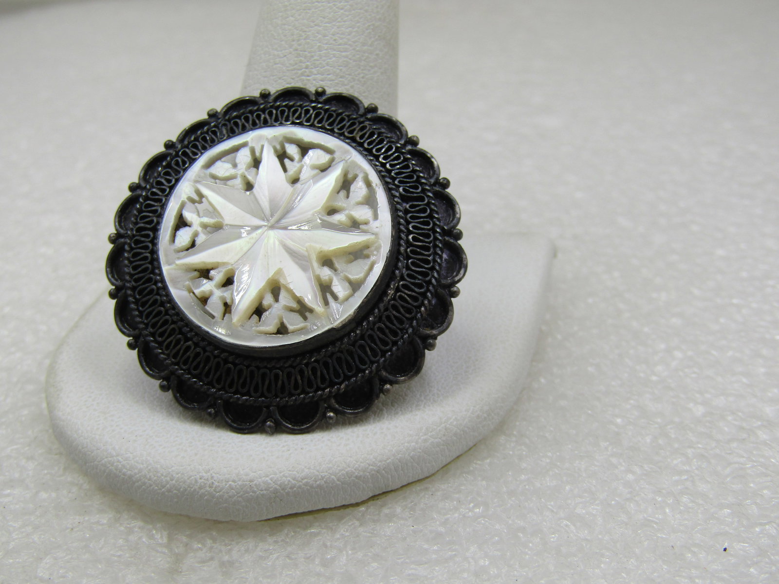 Vintage .950 Silver Carved Mother-of-Pearl Star Brooch/Pendant, 1940's-1950's - 3