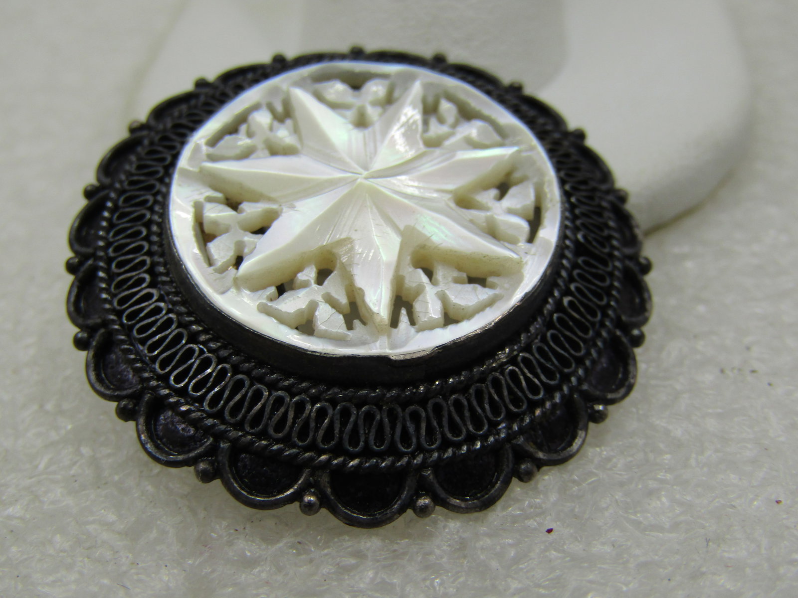 Vintage .950 Silver Carved Mother-of-Pearl Star Brooch/Pendant, 1940's-1950's - 4