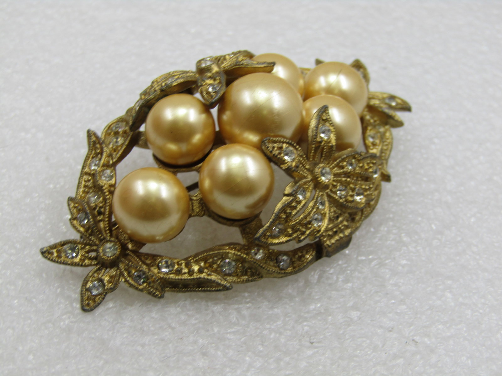 Antique Rhinestone & Faux Pearl Art Deco Brooch, 1920's, 2-7/8" - 2