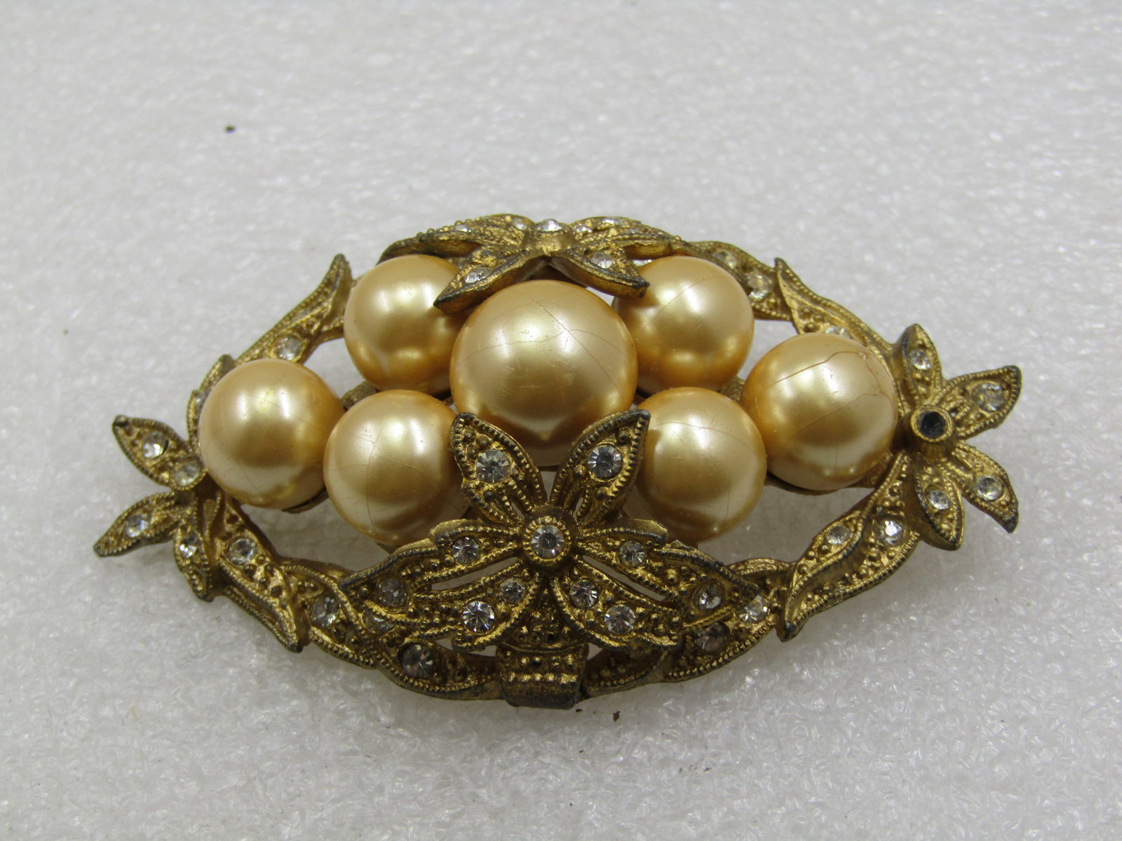 Antique Rhinestone & Faux Pearl Art Deco Brooch, 1920's, 2-7/8" - 4