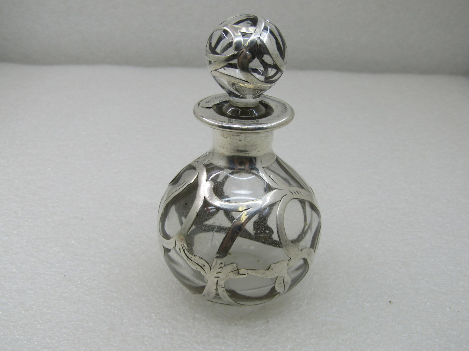 Vintage Art Nouveau Glass & Sterling Perfume Dresser Bottle, 3.5" - 4