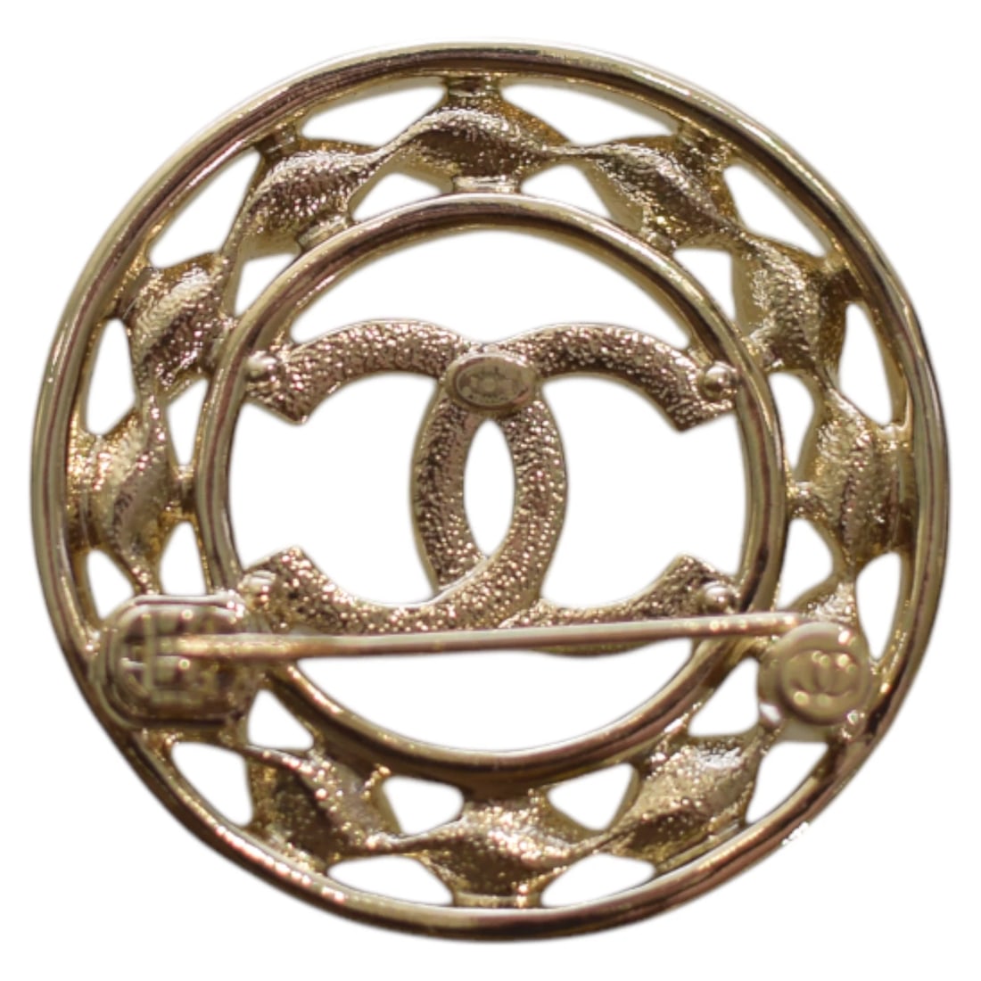 Chanel round wreath gold tone safety pin brooch with crystal embellishment - 3