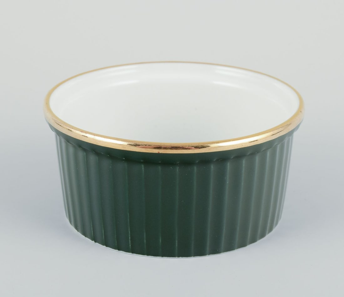 Pillivuyt, France. Four pairs of coffee cups with saucers, creamer and sugar bowl. “Green - 4