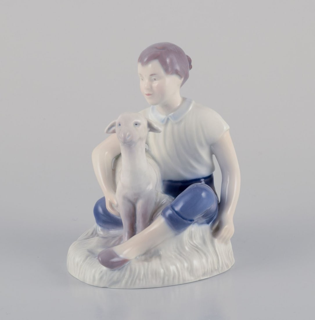 Bing & Grondahl, porcelain figurine of girl with lamb. Mid-20th C.: Title: Bing & Grondahl, porcelain figurine of girl with lamb. Mid-20th C. Description: Bing & Grondahl, porcelain figurine of a girl with a lamb. Model number 2336. Mid-20th C. Marked. First factory