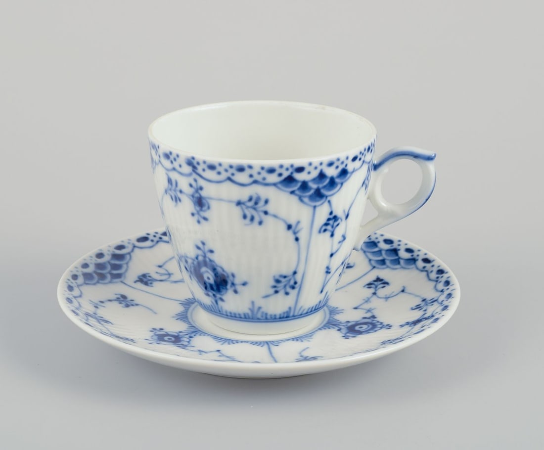 Royal Copenhagen Blue Fluted Half Lace, six pairs of porcelain coffee cups with saucers. - 2