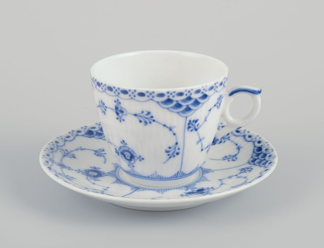 Royal Copenhagen Blue Fluted Half Lace, six pairs of coffee cups with saucers. - 2