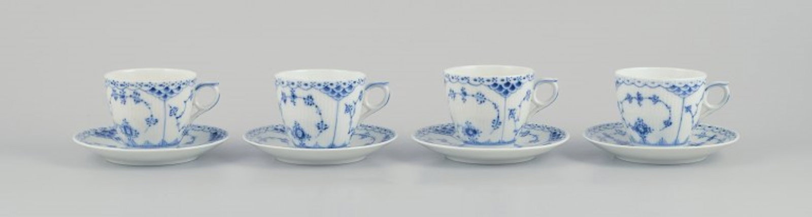 Royal Copenhagen Blue Fluted Half Lace, four pairs of coffee cups with saucers. 1960s/1970s. (1 of 8)