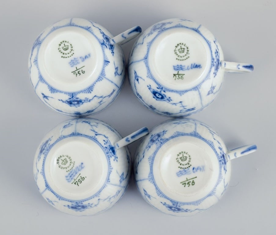 Royal Copenhagen Blue Fluted Half Lace, four pairs of coffee cups with saucers. 1960s/1970s. - 7