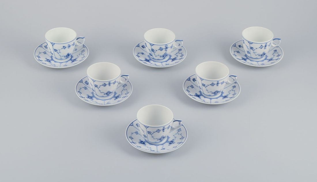 Royal Copenhagen Blue Fluted Plain. Six coffee cups with saucers. 1930s. (1 of 8)