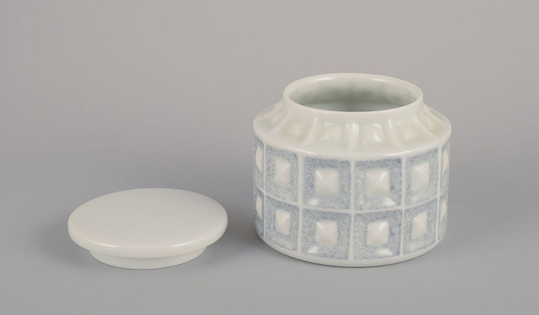 Castro, Spain. Coffee pot, sugar bowl, and creamer in gray-blue and white porcelain. Geometric - 3