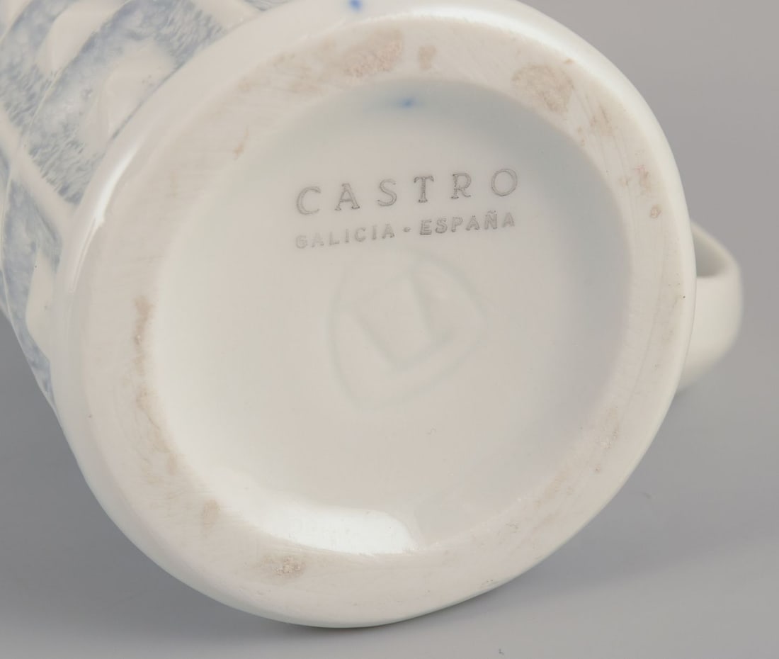 Castro, Spain. Coffee pot, sugar bowl, and creamer in gray-blue and white porcelain. Geometric - 9
