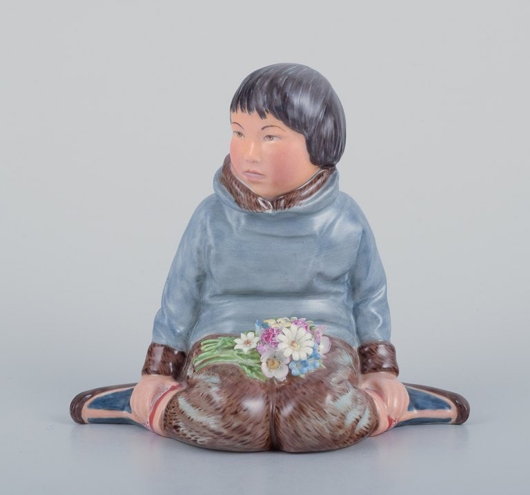 Royal Copenhagen, regional figurine of a Greenlandic boy holding a bouquet of flowers. - 2