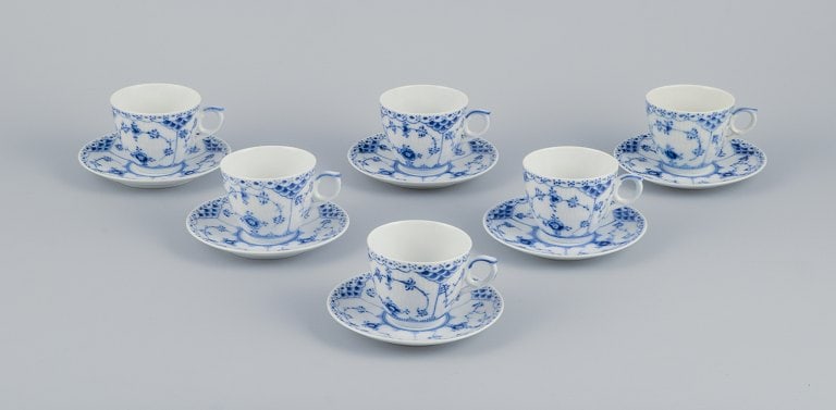 Royal Copenhagen Blue Fluted Half Lace. A set of six coffee cups with saucers. - 2