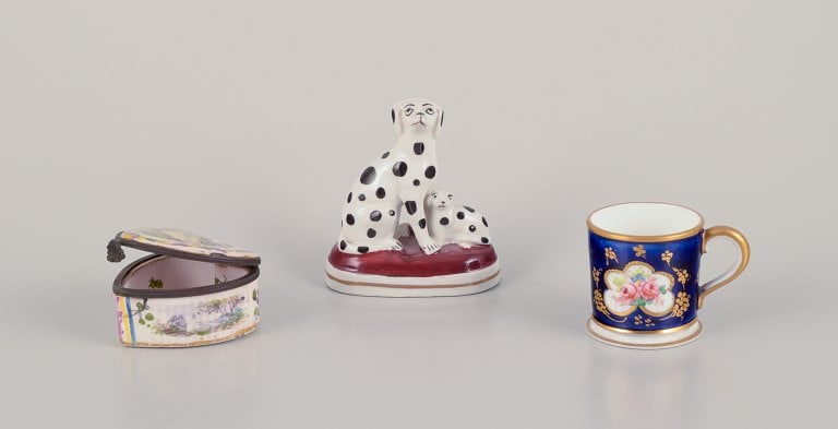 Three pieces of French and English porcelain including a Royal Crown Derby miniature cup, a: Title: Three pieces of French and English porcelain including a Royal Crown Derby miniature cup, a miniature porcelain figurine of two Dalmatians, and a JACQUES FEBVRIER Manufactory signed "LILLE, 176