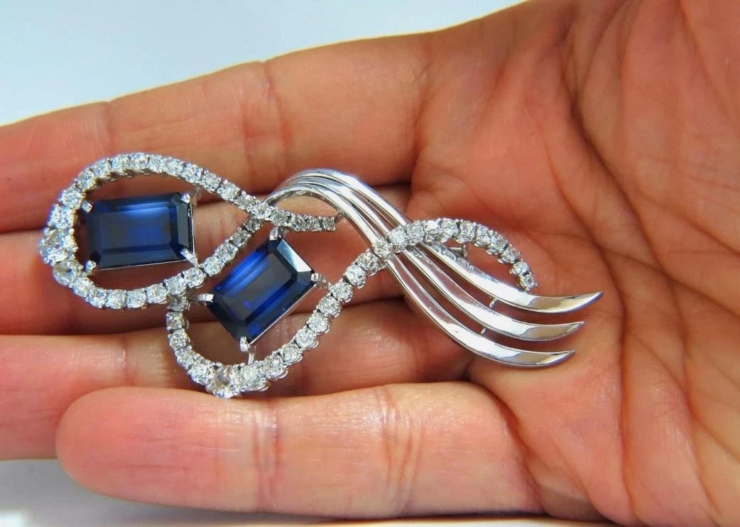 25ct Royal Blue Lab Sapphire & Natural Diamonds Brooch pin Platinum 12237** - 4