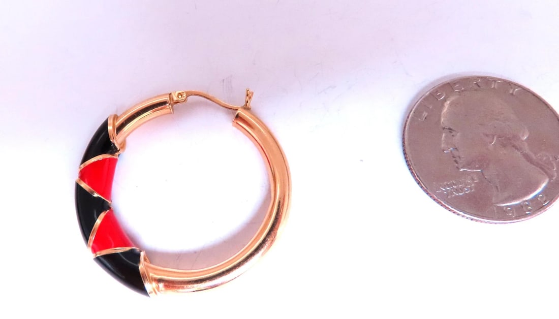 Red Black Enamel Tubular Hoop Earrings 14kt yellow gold 45477** - 3