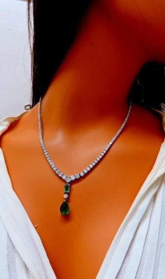 14.47ct Natural Emerald Diamond Necklace 14K Dangle Riviera Graduated 12644 ** - 2