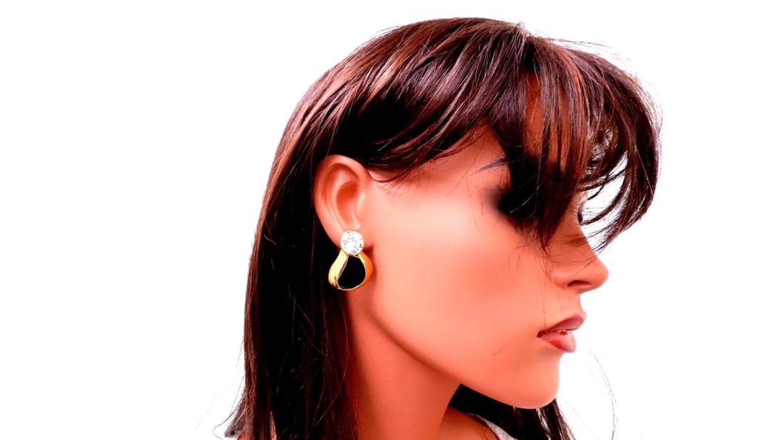 Carved Jet Black Onyx Stud Earrings 14kt Gold 12626 White Stone** - 4