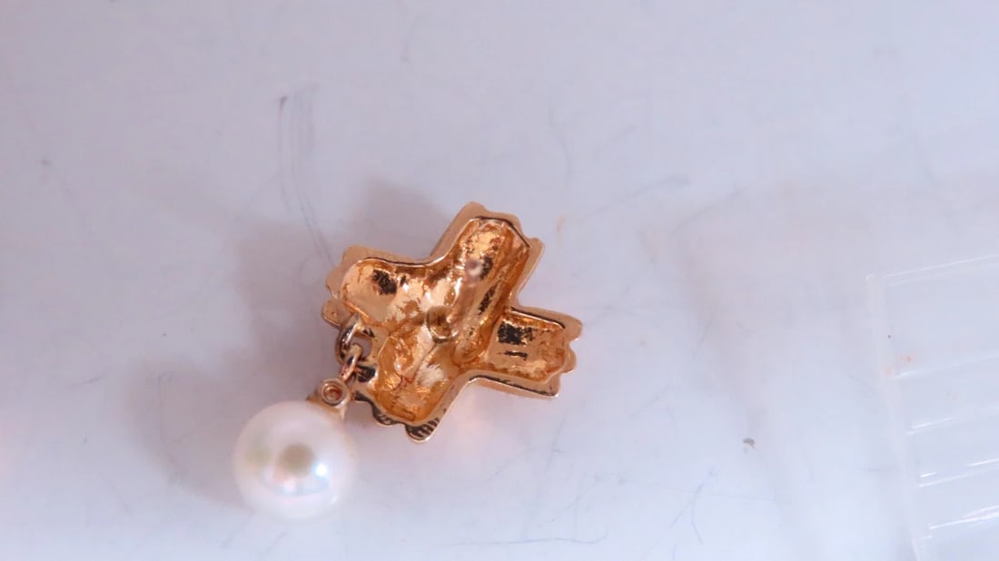 5.5mm Cultured Pearl Dangle ''x'' Earrings 14kt Gold Retro 12599** - 4