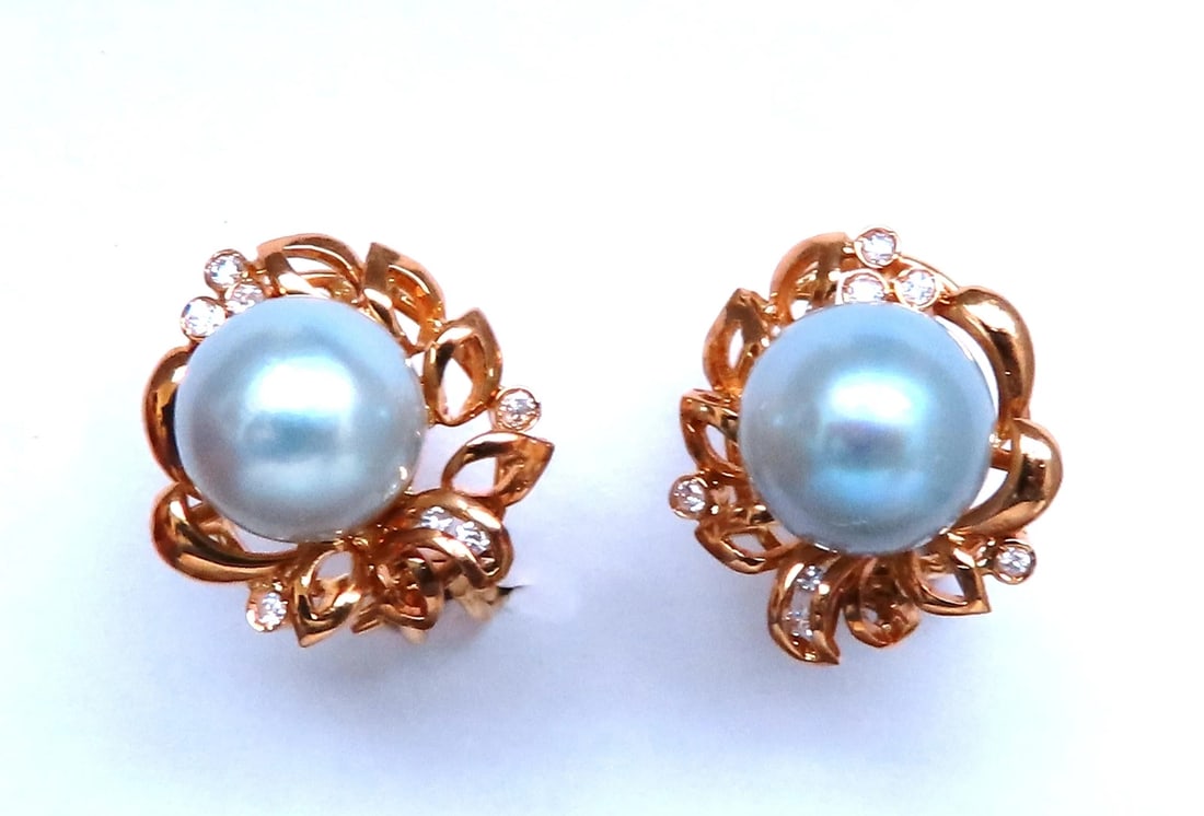 9mm Baby Blue South Sea Pearl Clip Earrings 18kt Gold 12592** - 3