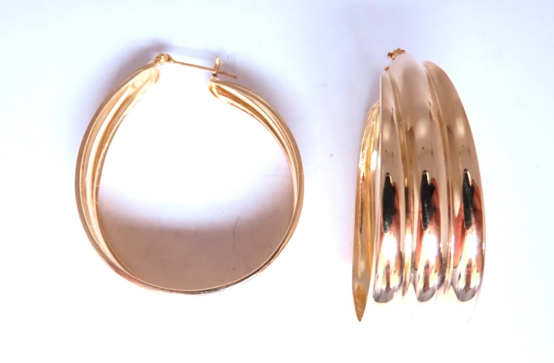 Wide High Shine Tributed Hoop Earrings 14kt Gold 12587** - 2