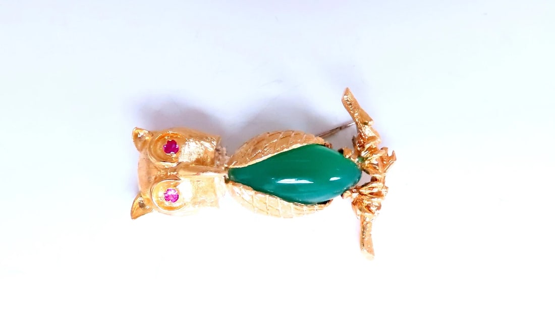 Owl Jade Ruby Figurine 3D Brooch Pin 18kt gold 12554** - 2