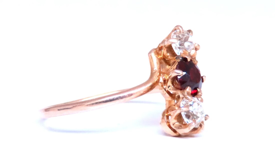 Antique Garnet Three Stone Diamonds Ring 14kt Gold 12548** - 3
