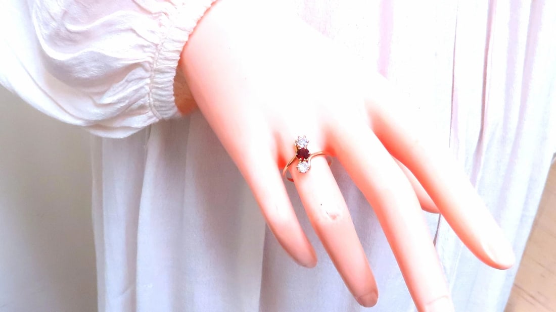 Antique Garnet Three Stone Diamonds Ring 14kt Gold 12548** - 4
