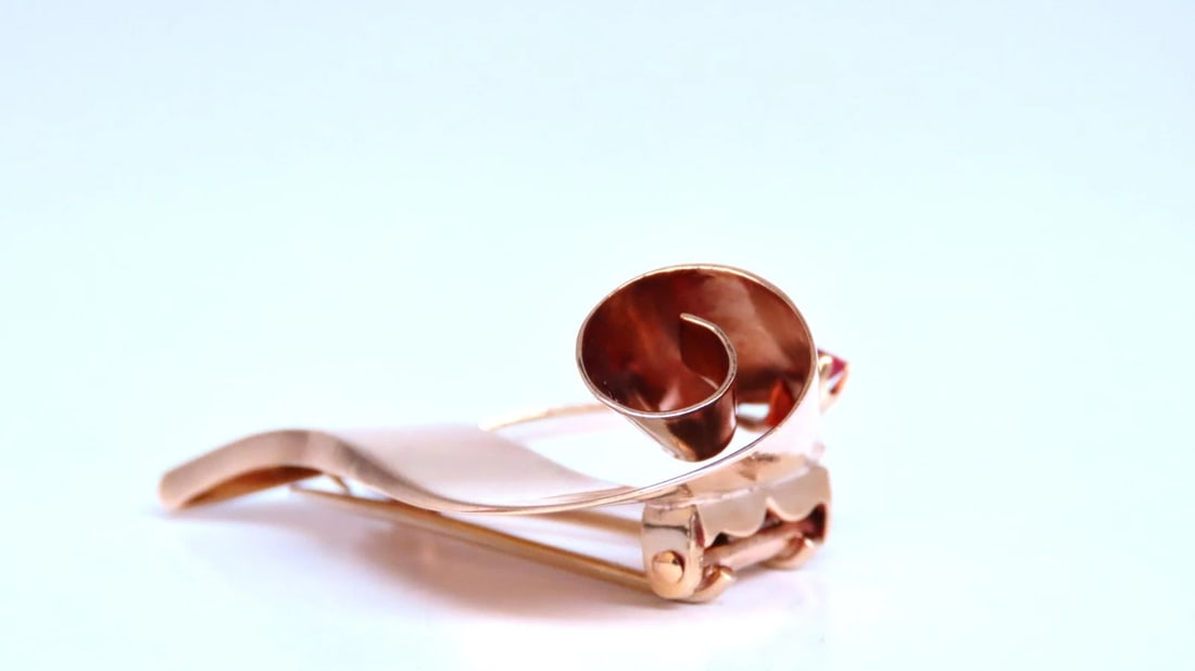 Regency Deco Ruby Diamond Swirl Brooch Pin 14kt 12533** - 3