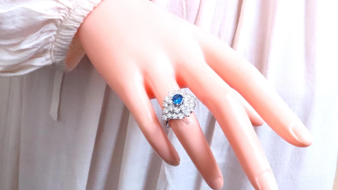 Natural Sapphire Diamonds Cluster Ring 14kt Gold Arthritis Accessible 12437** - 7