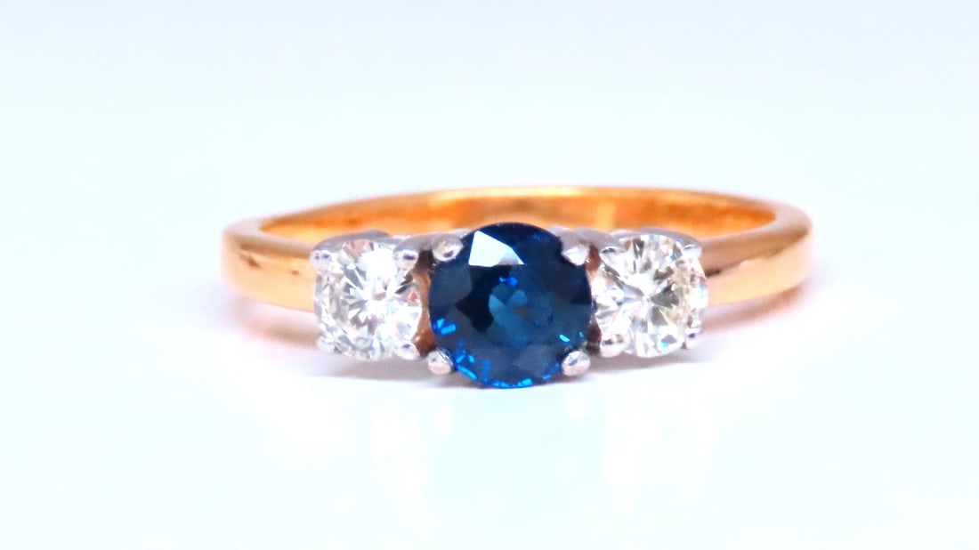 1.01ct Natural Round Blue Sapphire Three Stone Ring 14kt Gold 12433** - 2