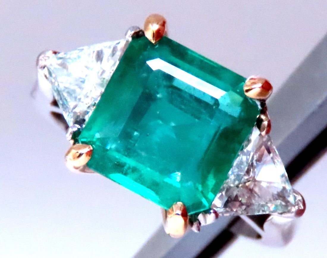 GIA Certified 3.97ct Natural Emerald (F1) Trillant Diamond Ring Platinum 12414* - 7