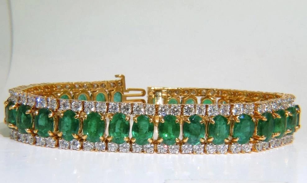 27.65 Carat Natural Vivid Green Emerald Diamond Bracelet F/VS 14kt Ref 12324** - 10