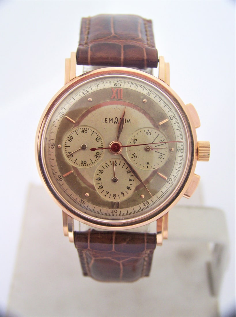 Vintage Mens 18k Rose LEMANIA Chronograph Watch Cal 2855* c.1950s* EXLNT* RARE: Vintage Mens 18k Rose LEMANIA Chronograph Watch Cal 2855* c.1950s* Excellent Condition* Very Rare! This Men's Lemania watch is Swiss made. Great present for yourself or someone you love! Great