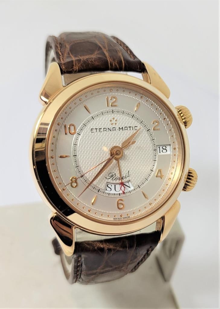 Mens Solid 18k Gold ETERNA-MATIC REVEIL Automatic Alarm Watch 8505.69 Limited!: Mens Solid 18k Gold ETERNA-MATIC REVEIL Automatic Alarm Watch 8505.69 Limited Edition! This Men's Eterna-Matic watch is Swiss made. Great present for yourself or someone you love! Great present for vi