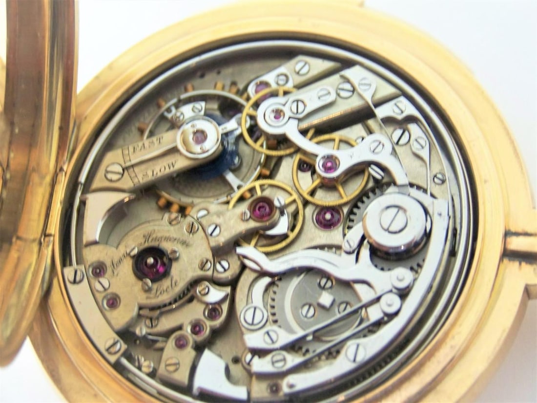 Antique 18K HENRI HUGUENIN Minute Repeater Split Second Chronograph Pocket watch - 10