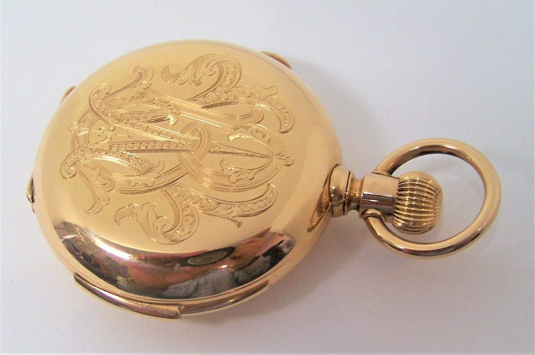 Antique 18K HENRI HUGUENIN Minute Repeater Split Second Chronograph Pocket watch - 11