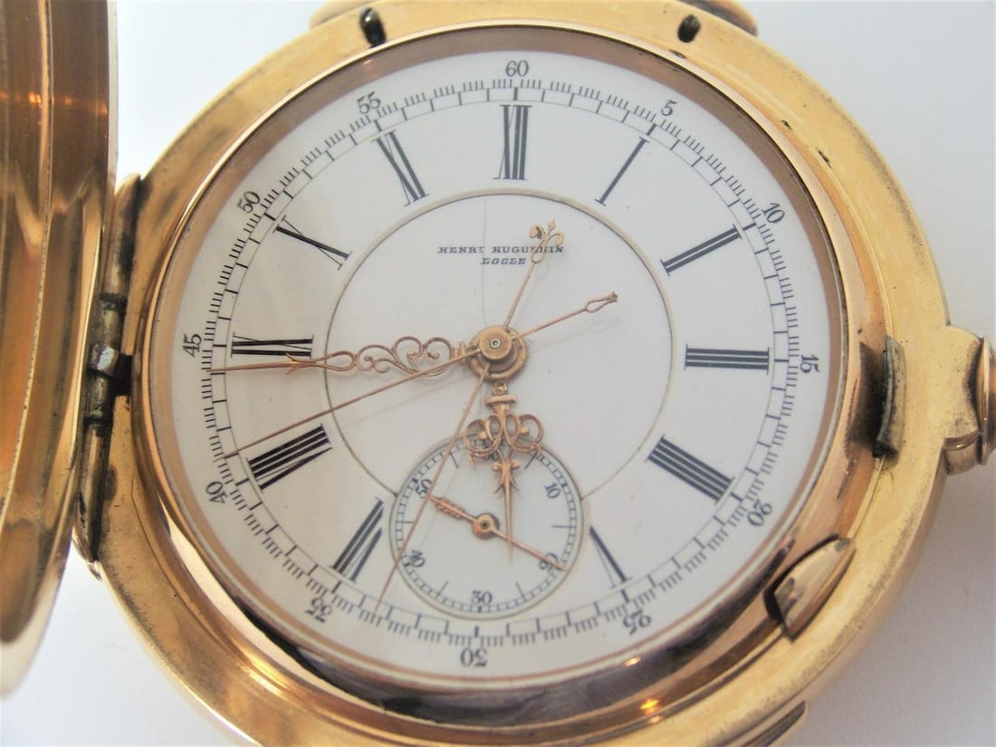 Antique 18K HENRI HUGUENIN Minute Repeater Split Second Chronograph Pocket watch - 5